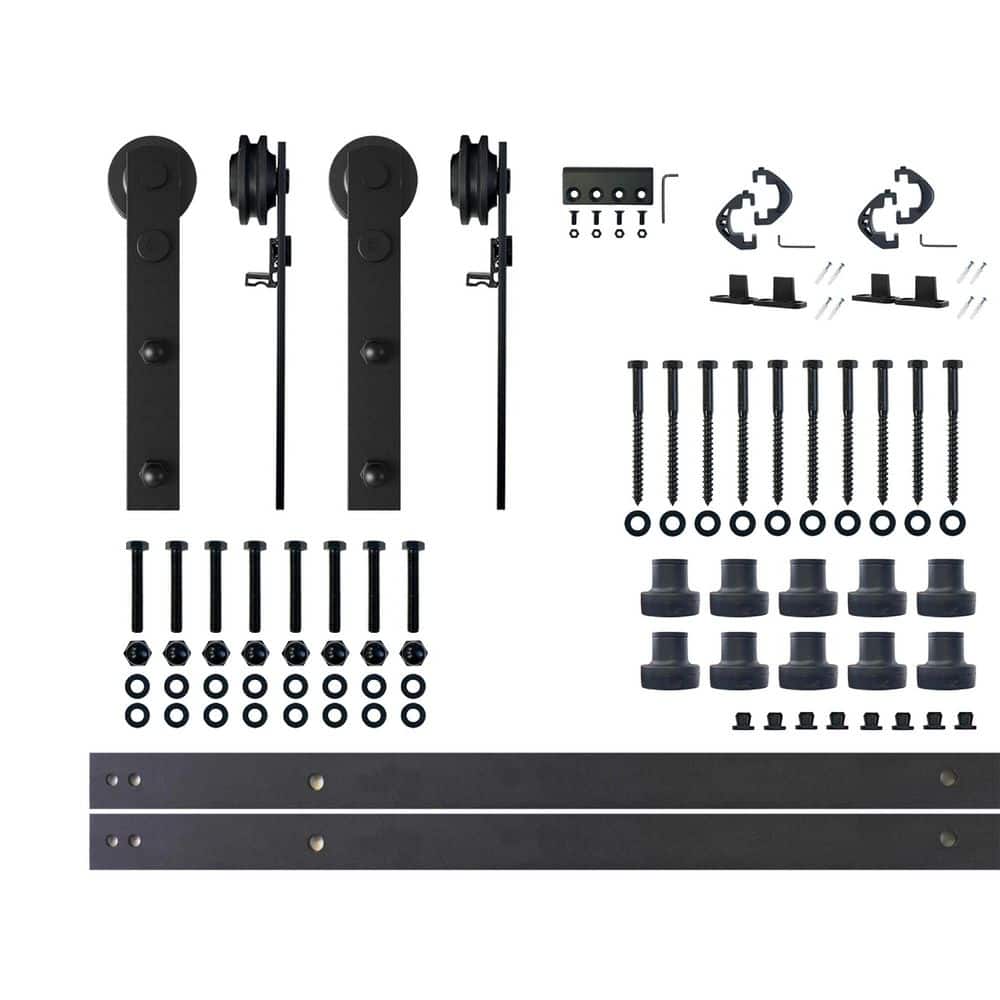 14 ft./168 in. Black Rustic Non-Bypass Sliding Barn Door Hardware Kit Straight Design Roller for Double Doors price history on PriceWatchPro