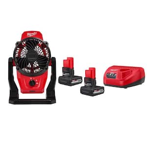 M12 12-Volt Lithium-Ion Cordless Jobsite Fan with M12 Compact 2.0 Ah Battery (2-Pack) Starter Kit and Charger