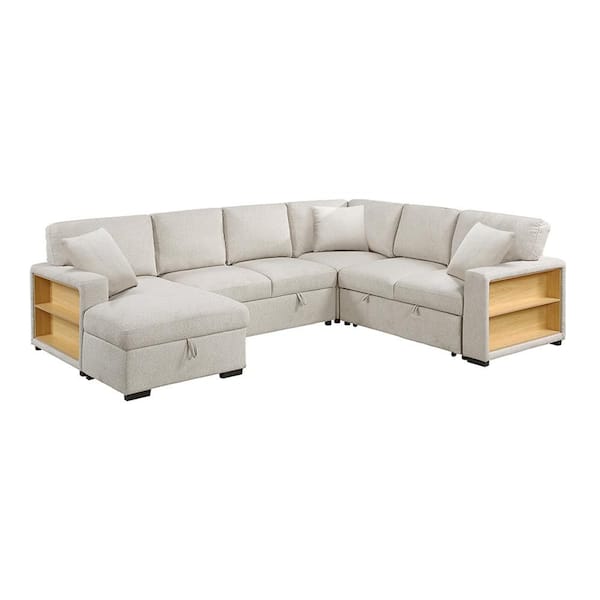 Lazzara Pegosa 121 in. Straight Arm 4-Piece Boucle Fabric Sectional Sofa in Beige with Left Chaise, Pull-out Bed
