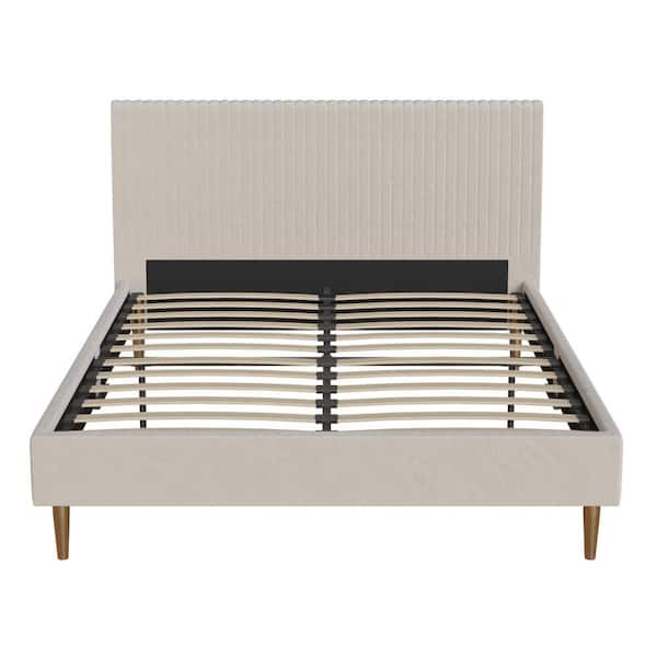 Unbranded Daphne, Ivory Velvet, Metal Frame, Full Upholstered Platform Bed with Vertical Channel Tufted Headboard