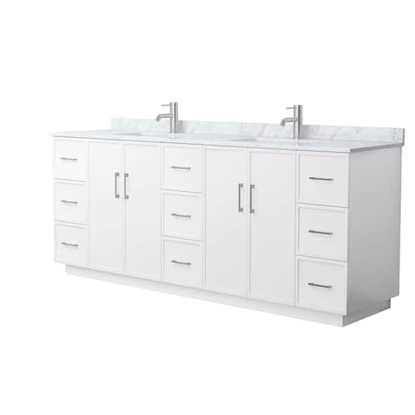Elan TK 84 in. Double Freestanding White Bath Vanity with White Carrara Marble Top (Assembled)