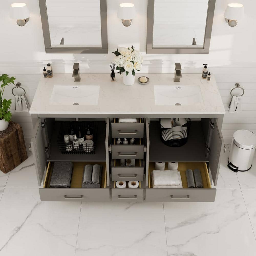 Gray Double Sink Bathroom Vanity with White Quartz Countertop