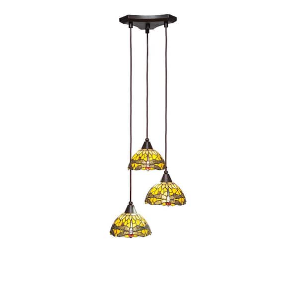 Unbranded Condor 3 Light Dark Granite, Cluster Pendant Light with 7 in. Amber Dragonfly Art Glass Shades, No bulbs included