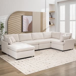 100 in. W Square Arm Polyester U-Shape Sectional Sofa in Beige with 4 Pillows, Removable Ottoman