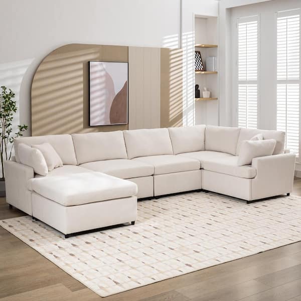 Harper & Bright Designs 100 in. W Square Arm Polyester U-Shape Sectional Sofa in Beige with 4 Pillows, Removable Ottoman