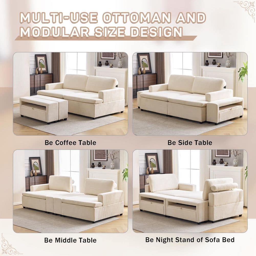 Sofa used as coffee table, side table, and sofa bed in different arrangements.