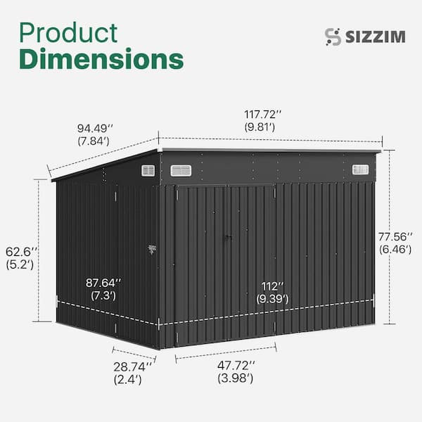 Sizzim 10 ft. W x 8 ft. D Outdoor Metal Storage Shed with 3