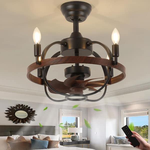 11.8 in. Farmhouse Walnut Flush Mount Ceiling Fan with Light, Vintage Caged and Remote Reversible Fan Blades