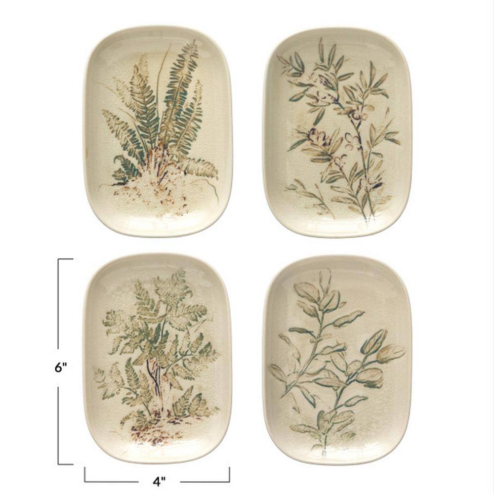 Cream and Green Botanical Debossed Ceramic Dish Set