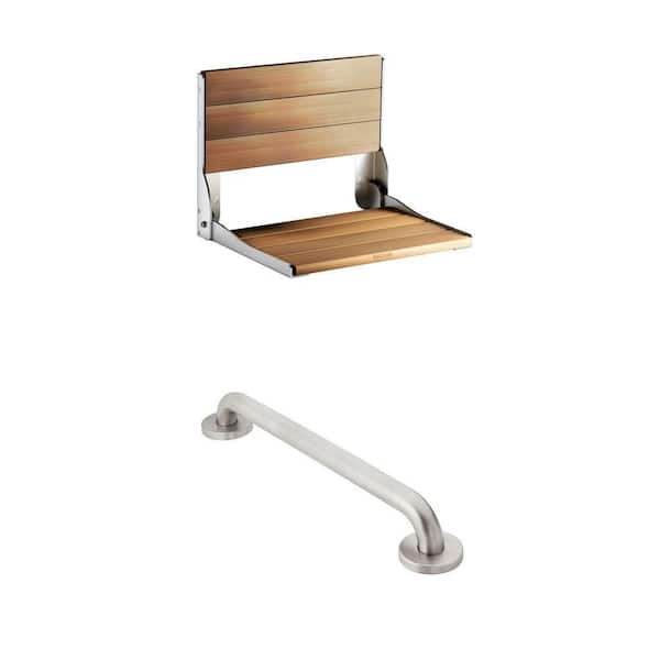 Fold Down Teak Shower Chair Combo and Home Care 12 in. x 1-1/4 in. Grab Bar
