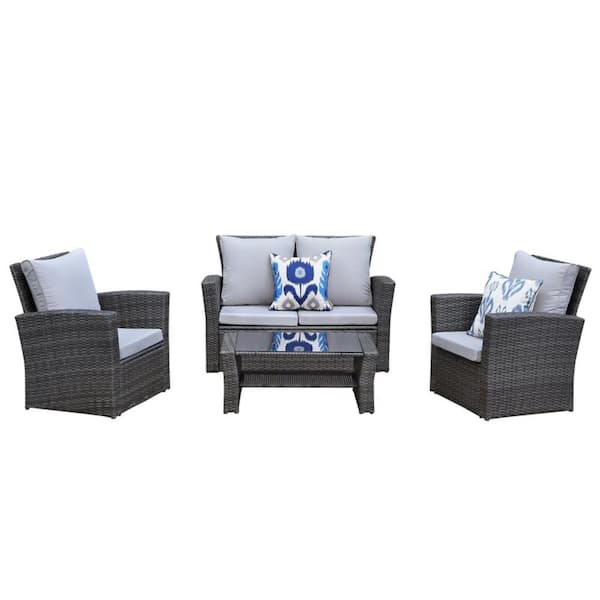 Unbranded 4-Pieces Brown Wicker Patio Conversation Set, Couches Furniture Set, With End Side Coffee Table and Light Grey Cushions