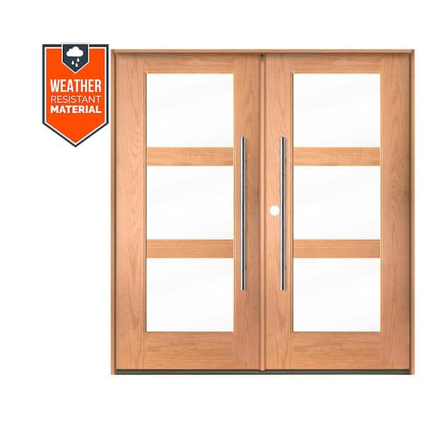 Modern Faux Pivot 72 in. x 79 in. Right-Active/Inswing 3Lite Clear Glass Teak Stain Double Fiberglass Prehung Front Door