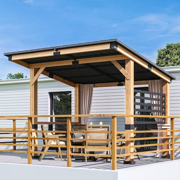 11 ft. x 10 ft. Upgraded Solid Cedar Wood Outdoor Patio Gazebo with Hardtop Galvanized Steel Roof and Privacy Curtain