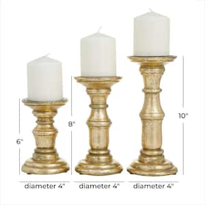 Gold Mango Wood Turned Style Pillar Candle Holder (Set of 3)