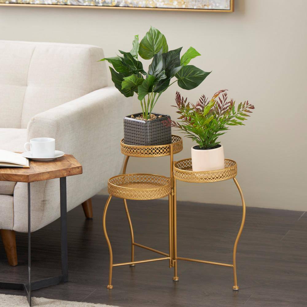 Litton Lane 20 in. Gold Metal Curved Folding 3 Tier Plantstand with ...