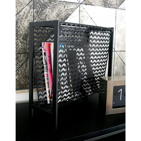 Litton Lane Metallic Black with Chevron Pattern Cutout Design Iron Freestanding Magazine Rack