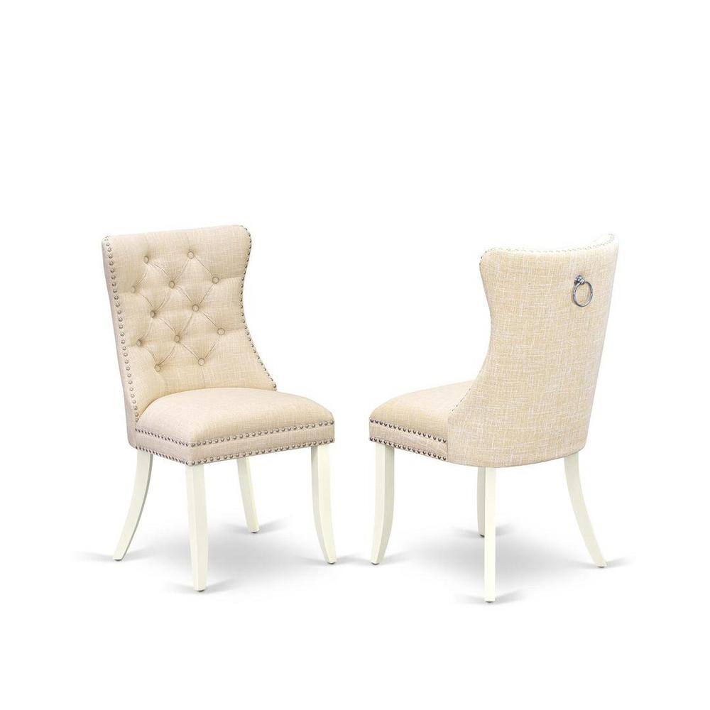 Linen White Round Drop Leaf Dining Table Set with Beige Upholstered Chairs