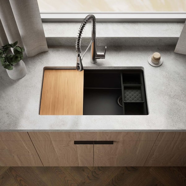 Lassen 33 in. Drop-in Single Bowl Granite Composite Kitchen Workstation Sink in Matte Black with Faucet