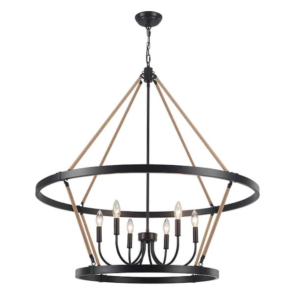ADSENSTY 6 Light 2-Tiers Black Candle Style Wagon Wheel Rustic Farmhouse Chandelier for Kitchen Island with No Bulbs Included