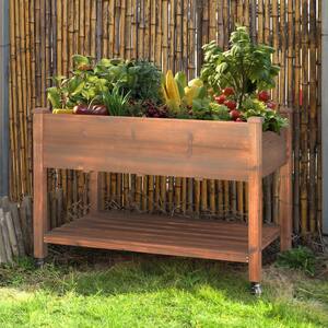 47 in. x 23 in. x 33 in. Brown Wooden Raised Garden Bed with Lockable Wheels and Liner