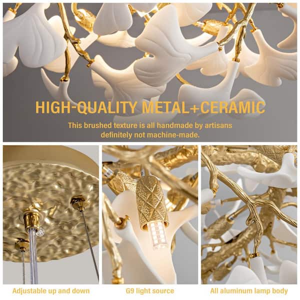 YUYI 47in. 16-Light Gold Chandelier, Luxury Ginkgo Branch