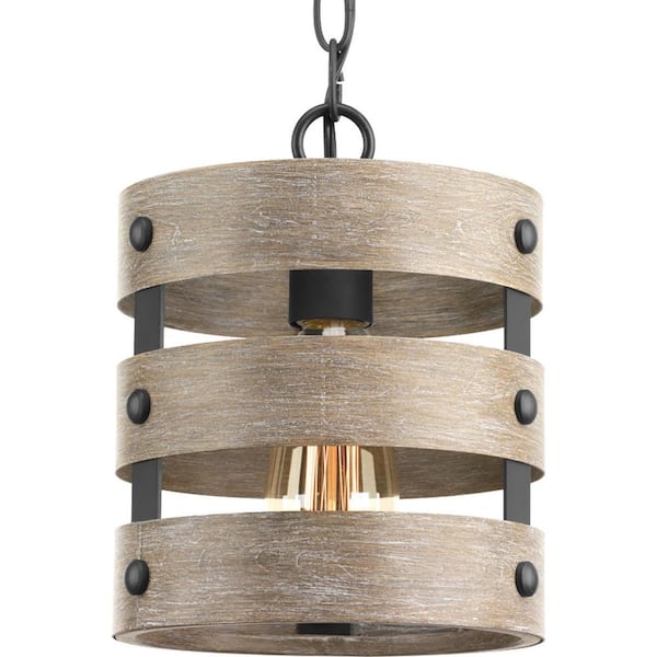 Progress Lighting Gulliver 8-1/2 in. 1-Light Graphite Coastal Drum Mini-Pendant with Weathered Gray Wood Accents