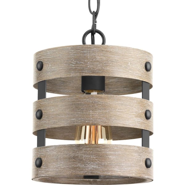 Gulliver 8-1/2 in. 1-Light Graphite Coastal Drum Mini-Pendant with Weathered Gray Wood Accents