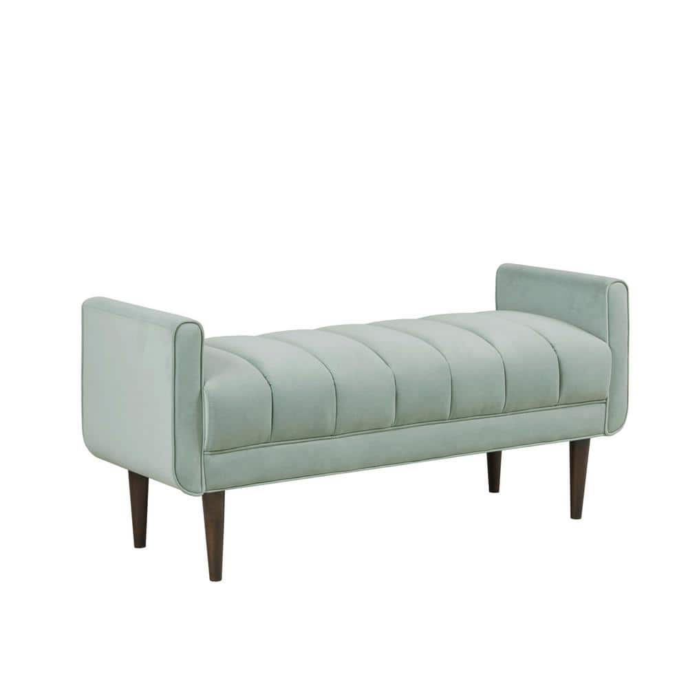 Pistachio Green Velvet Upholstered Channel Bench with Dark Wood Legs