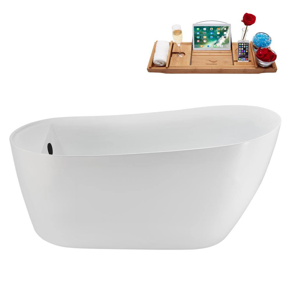 59" Glossy White Acrylic Freestanding Soaking Bathtub with Matte Black Trim