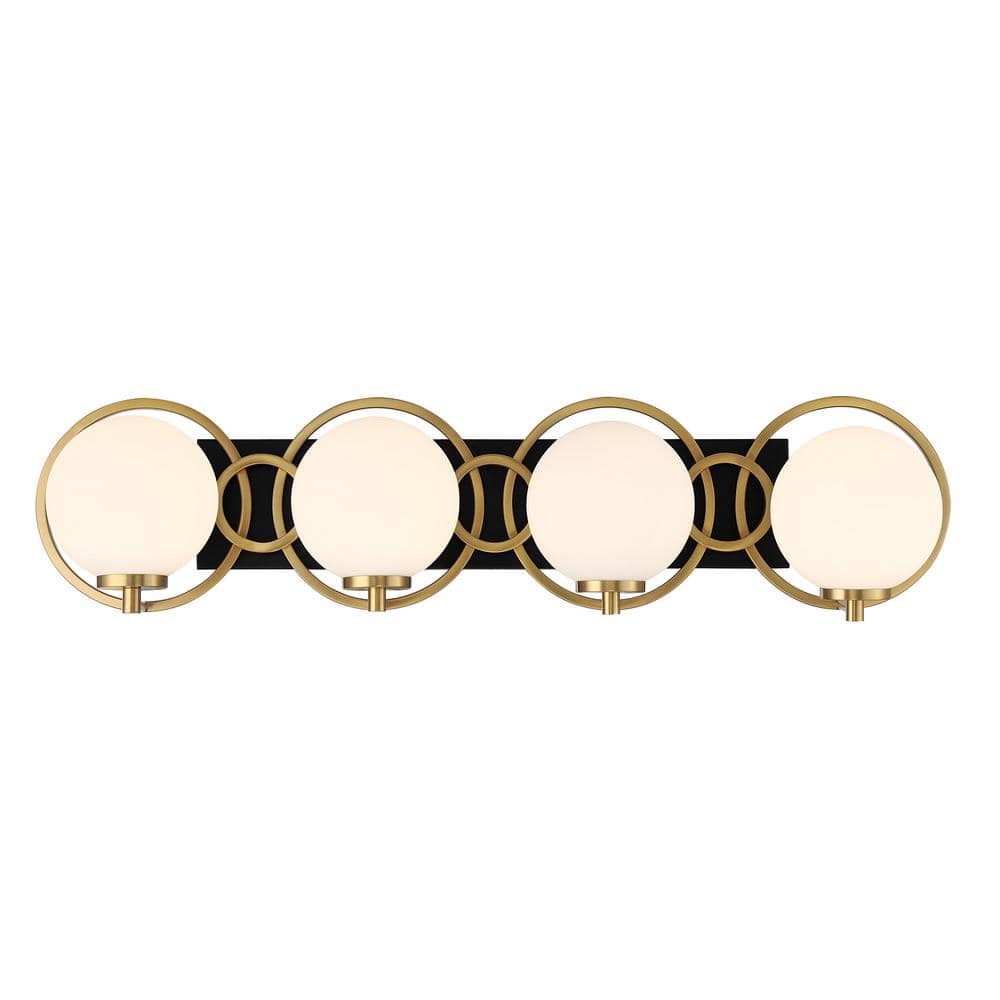 Matte Black and Warm Brass 4-Light Vanity with Frosted Glass Shades