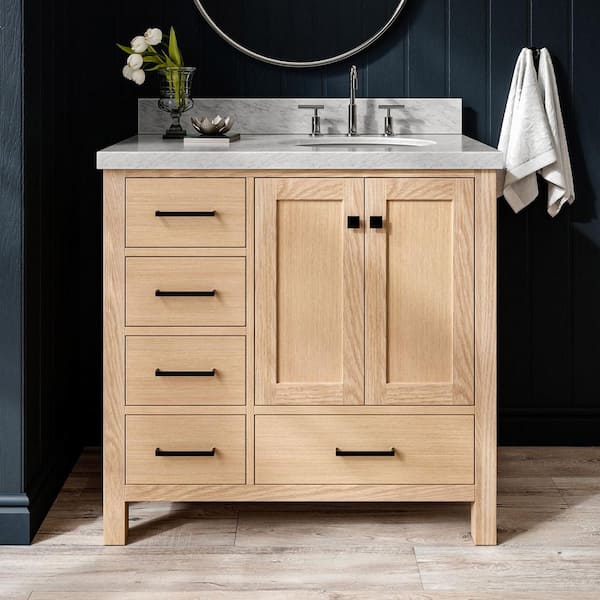 ARIEL Cambridge 36 in. Single Sink Freestanding Bathroom Vanity in Oak with Carrara White Marble Top