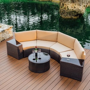 7-Piece Brown Wicker Outdoor Patio Conversation set Half-Moon Round Sectional Sofa Set with Beige Cushions, Round Table