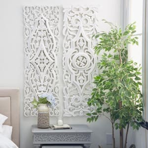 Wood White Handmade Intricately Carved Arabesque Floral Wall Decor (Set of 2)