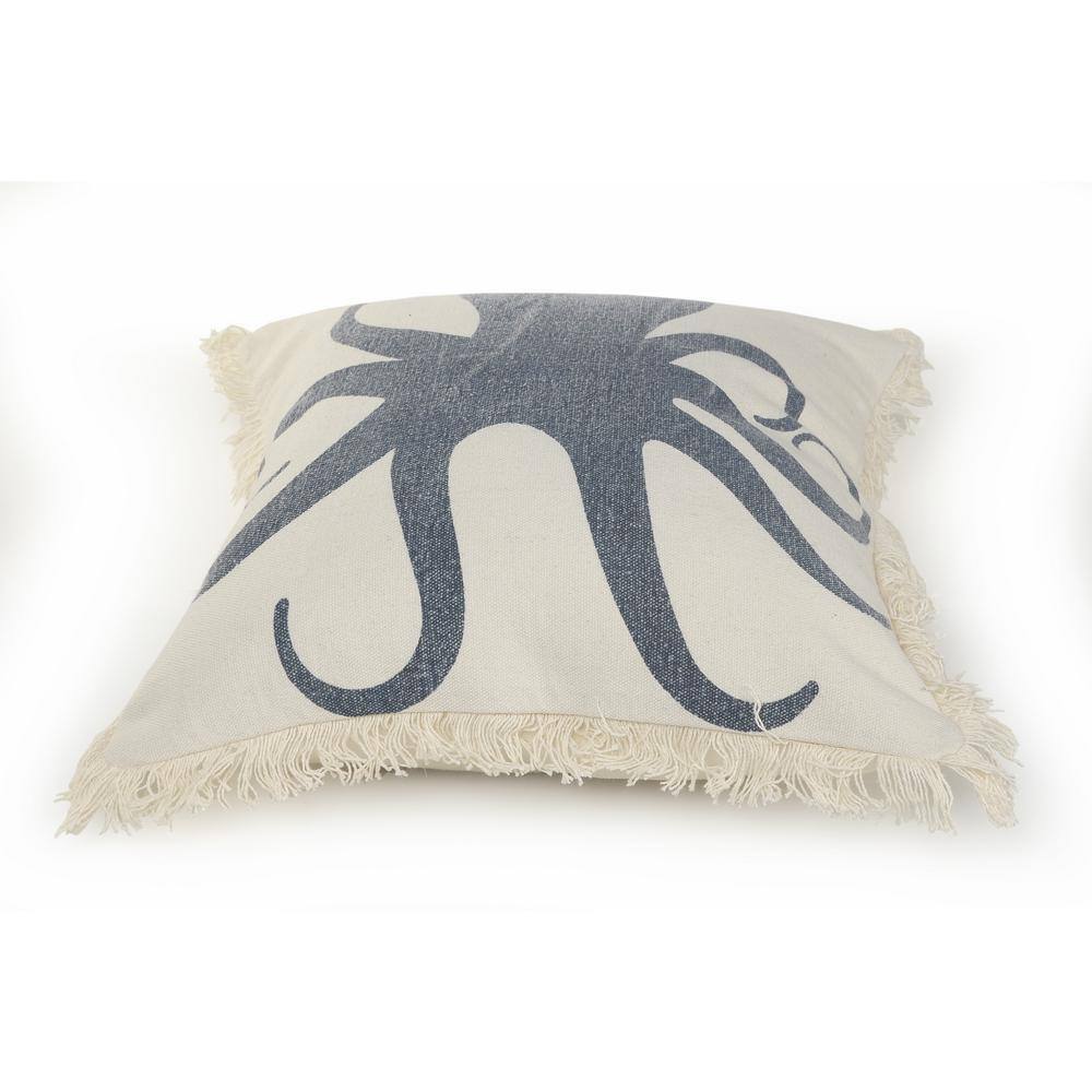 Coastal Blue Octopus Fringed Square Cotton Pillow