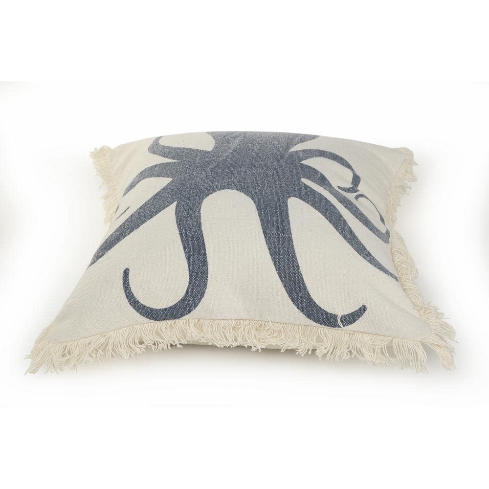 Coastal Blue Octopus Fringed Square Cotton Pillow