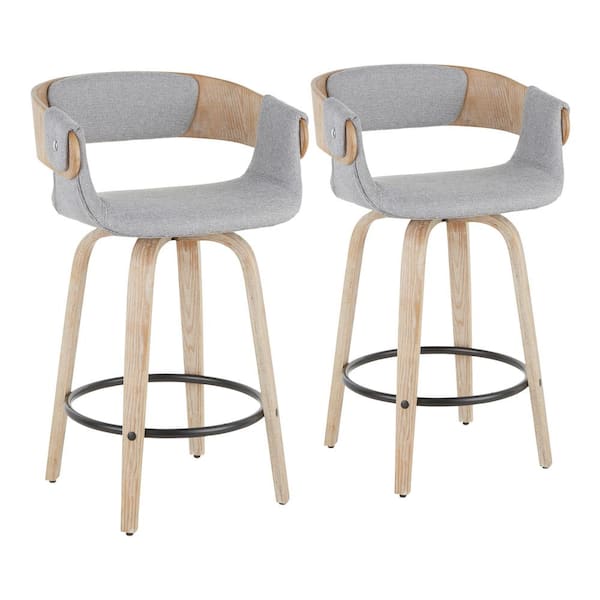 Lumisource Elisa 34.5 in. Counter Height Bar Stool in Grey Fabric and White Washed Wood (Set of 2)