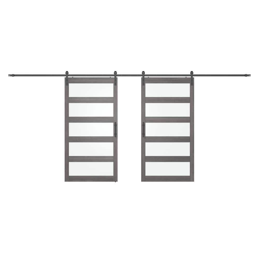 84 in. x 84 in. 5 Frosted Glass Gray PVC Surface MDF Sliding Barn Door with