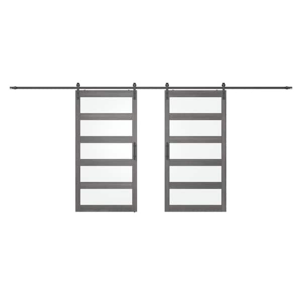 SANDING 96 in. x 84 in. 5 Frosted Glass Gray PVC Surface MDF Sliding Barn Door with Hardware Kit
