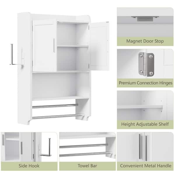 Bathroom Wall Cabinet with Adjustable Shelves and Towel Bar, White Wall Mounted 32.7 in. Storage Organizer