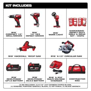 M18 18V Lithium-Ion Cordless Combo Kit (5-Tool) with (1) 3.0Ah and (1) 1.5Ah Battery, (1) Charger & Bit Set (120-Piece)