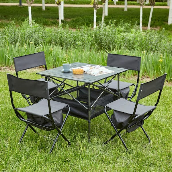 HOTEBIKE 5-Piece Folding Outdoor Table and Chairs Set with Storage Bag for Indoor, Outdoor Camping, Picnics, Beach, Black/Gray