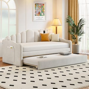 Beige Twin Size Upholstered Daybed with Trundle, USB Charging Ports and Side Pockets