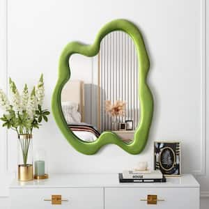 28 in. W x 36 in. H Irregular Avocado Green Wall-mounted Mirror Flannel Wrapped Wooden Frame Decorative Wavy Mirror