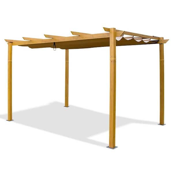 Unbranded 10 ft. x 13 ft. Teaked Coated Retractable Pergola Patio Gazebo with Yellow Brown Canopy Weather-Resistant