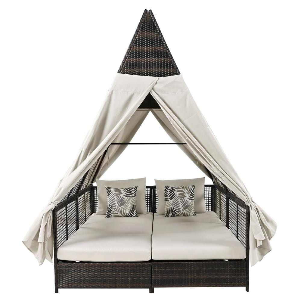 Black Wicker Outdoor Day Bed with Adjustable Backrest Beige Cushions, Curtains and 4 Pillows for Patio, Backyard, Garden