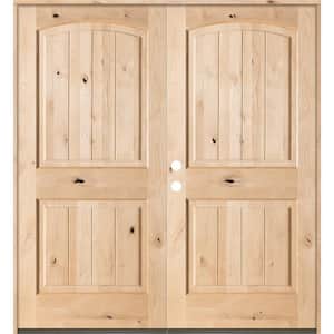 60 in. x 80 in. Rustic Knotty Alder Arch Top Unfinished /V-Groove Right-Hand Inswing Wood Double Prehung Front Door