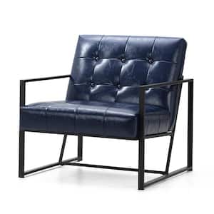 Navy Blue Mid-Century Modern Leatherette Button-tufted Accent Arm Chair with Black Metal Frame