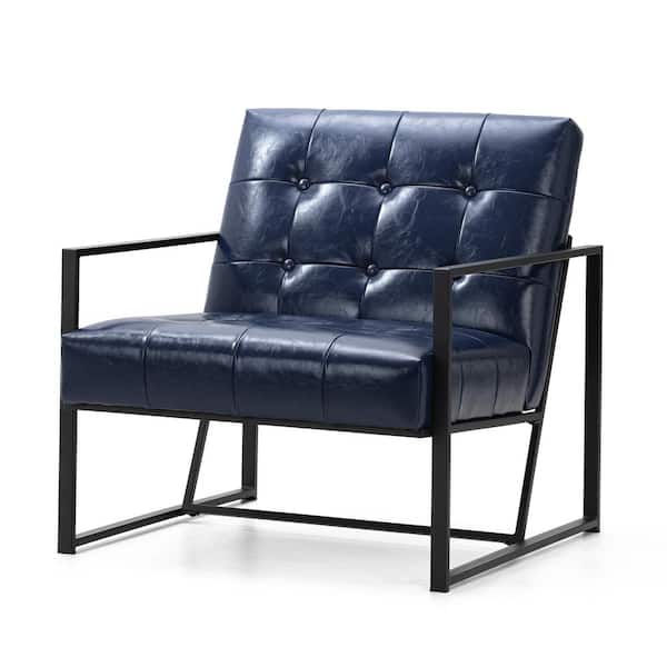 Glitzhome Navy Blue Mid-Century Modern Leatherette Button-tufted Accent Armchair with Black Metal Frame