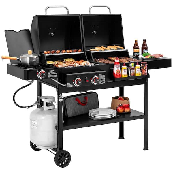 2-Burner Propane Gas and Charcoal Combo Grill with Side Burner in Black, Dual Fuel Grill, 823 Sq. In. Cooking Area