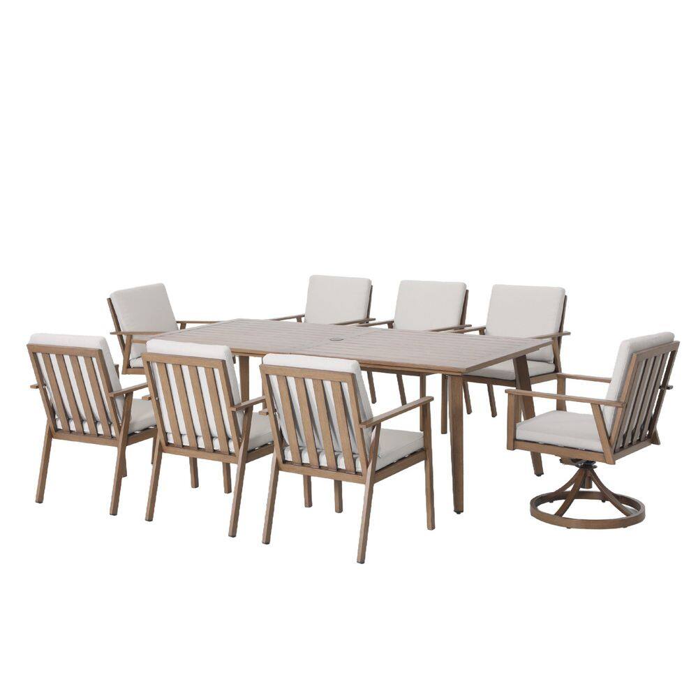 "9-Piece Brown Aluminum Slat Outdoor Dining Set with 84.7"" Rectangular Table,Dining chairs with White Cushions" price history on PriceWatchPro